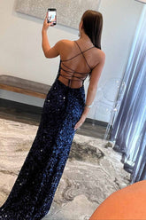 Long Mermaid Navy Blue Sequin Prom Dresses Straps Lace-Up - MyChicDress